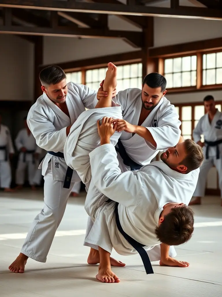 A senior judo instructor demonstrating a traditional judo throw to a group of students at CBBJ BOURGES JUDO, emphasizing the historical and cultural aspects of the martial art.
